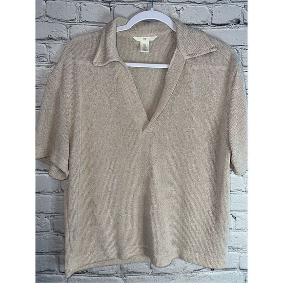 H&M KNIT TOP WITH COLLAR WOMEN’S MEDIUM CREAM/TAN/BEIGE - Picture 1 of 9
